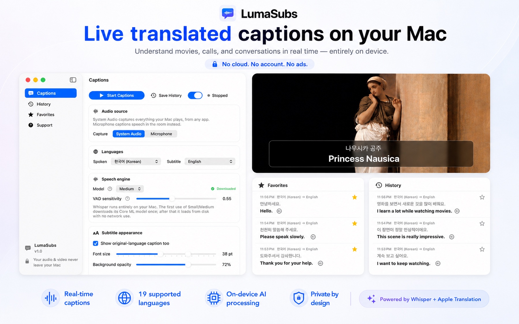 LumaSubs live translated captions overlaying a movie, with the main app window showing audio source, language, and caption settings