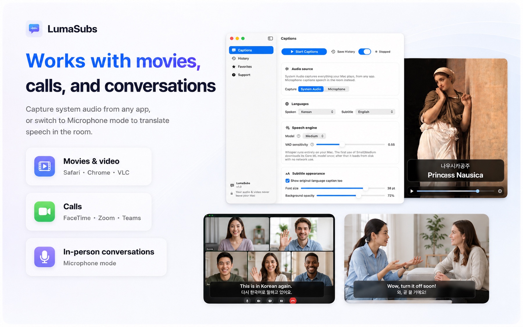 LumaSubs works with movies and video, calls like FaceTime Zoom and Teams, and in-person conversations via microphone mode