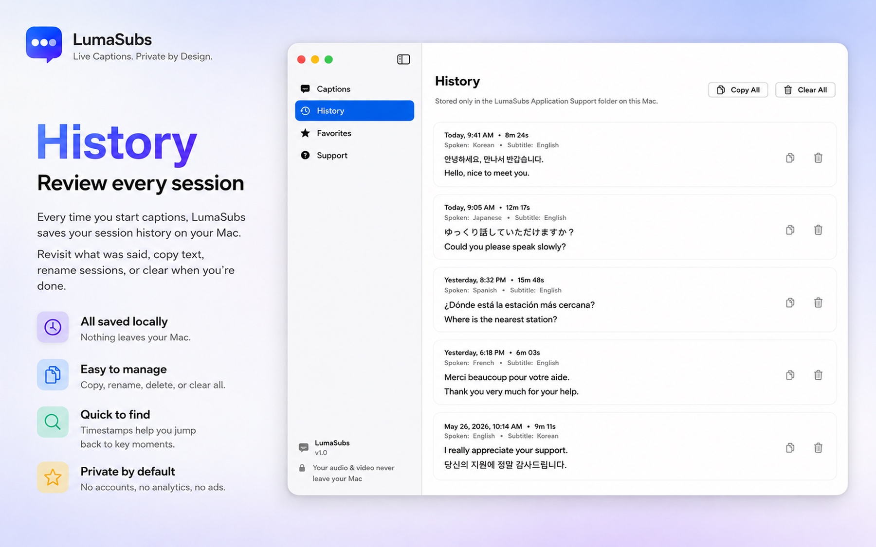 LumaSubs History view showing saved caption sessions stored locally on the Mac