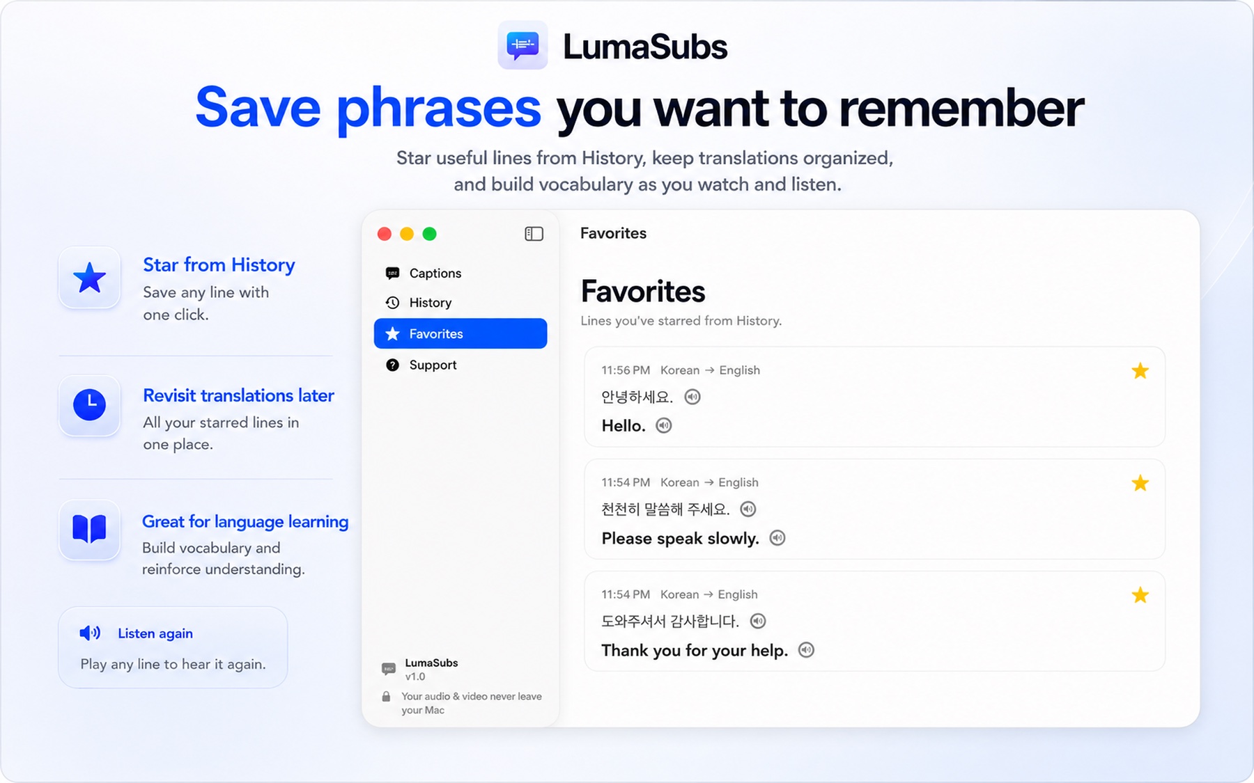 LumaSubs Favorites view showing starred phrases with text-to-speech playback for language learning