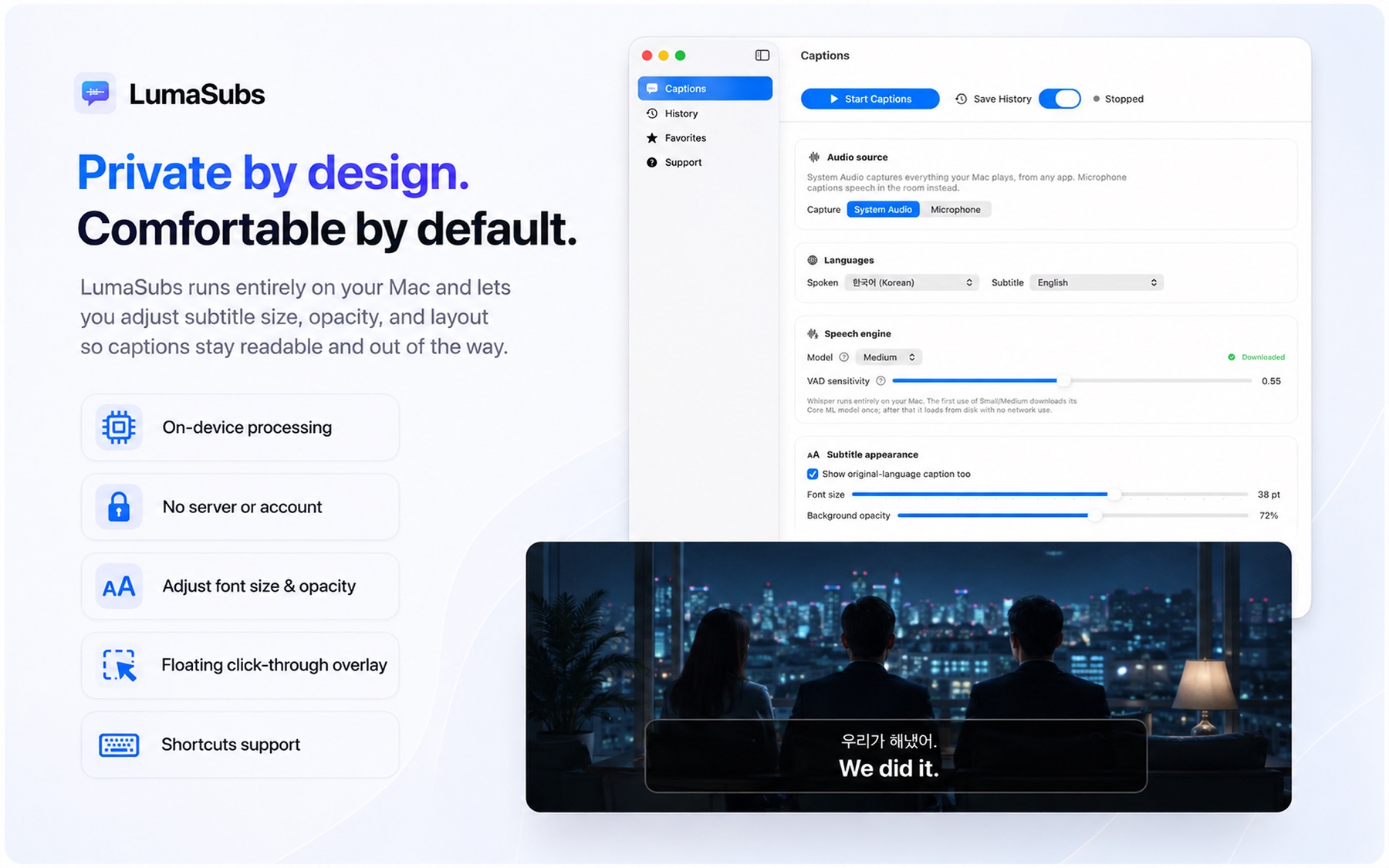 LumaSubs privacy and customization settings, including on-device processing, no server or account, and adjustable subtitle appearance
